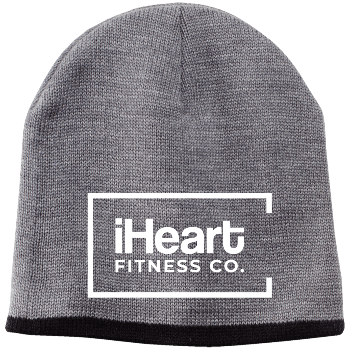 grey beanie with black rim and white iheart fitnes logo