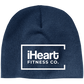 navy blue beanie with white iheart fitness logo