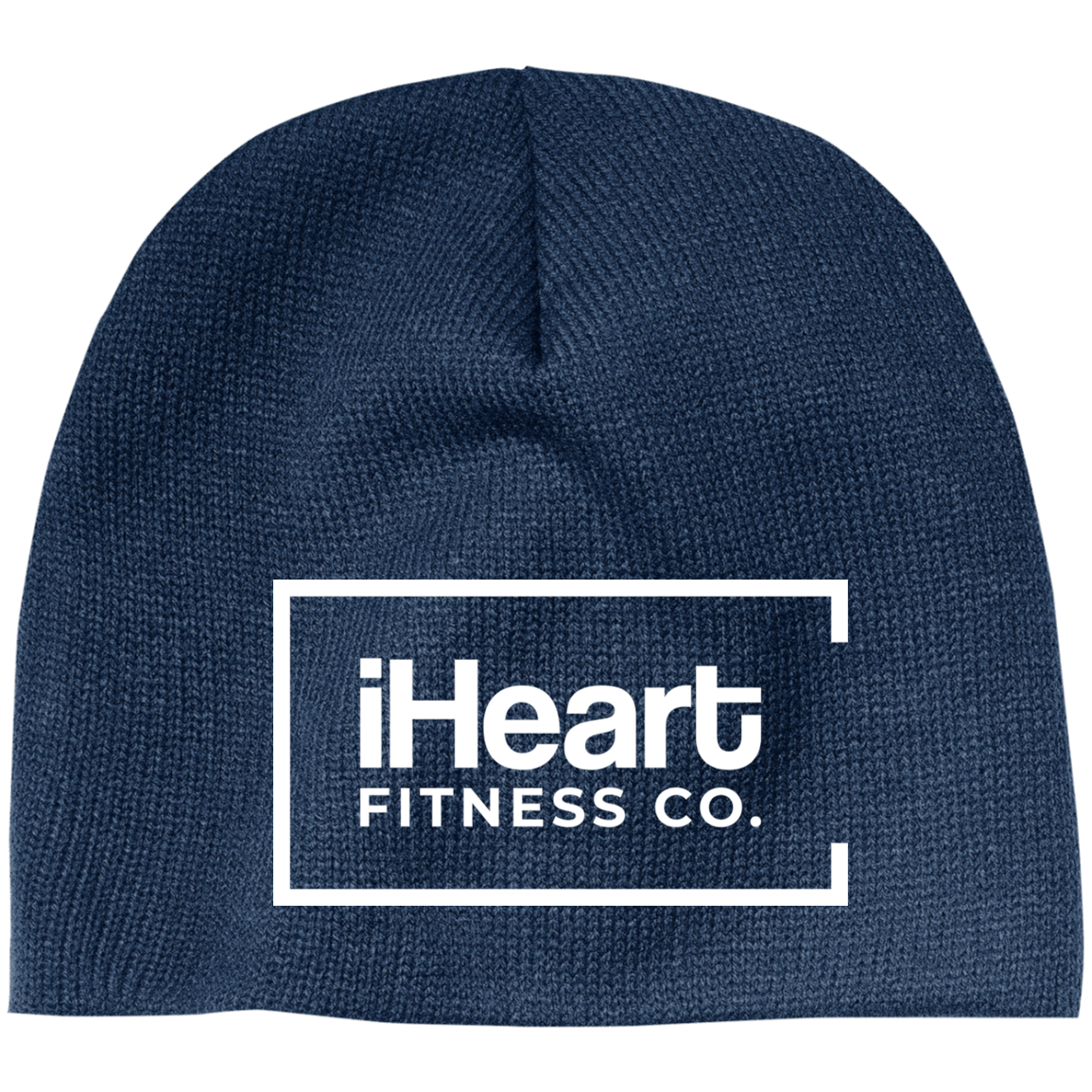 navy blue beanie with white iheart fitness logo